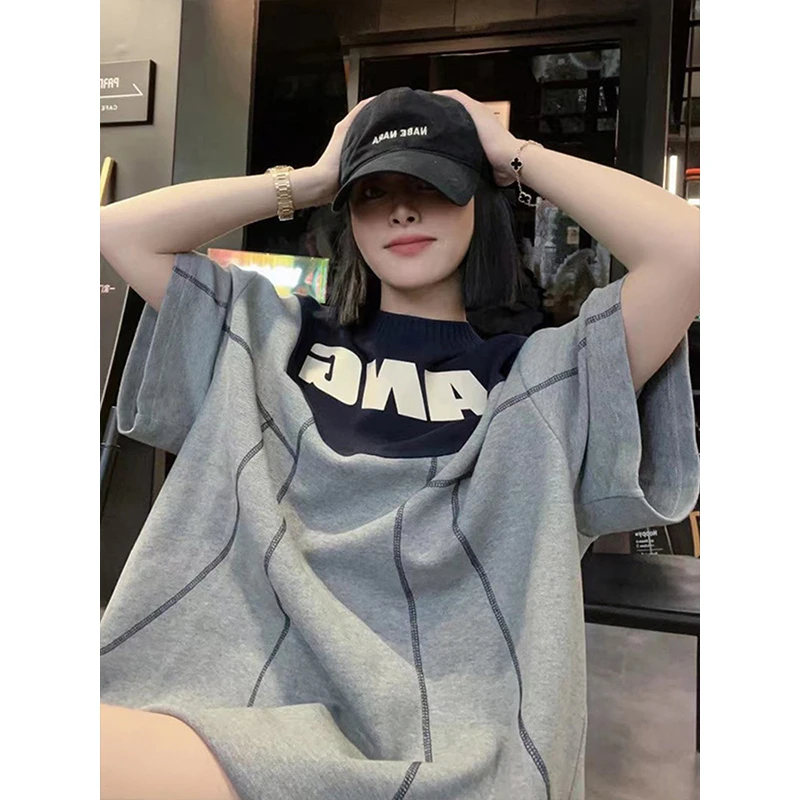 欧货大版高级感字母拼色宽松休闲百搭短袖t恤女夏季显瘦小众上衣