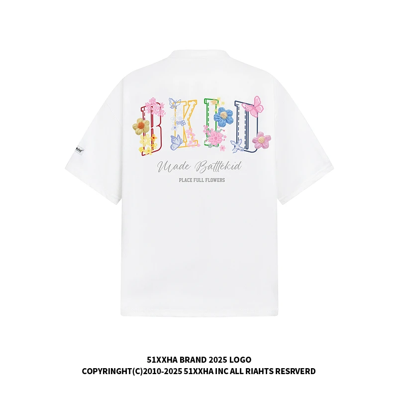 51嘻哈美式街头字母花卉刺绣短袖T恤男女夏季情侣宽松设计感半袖