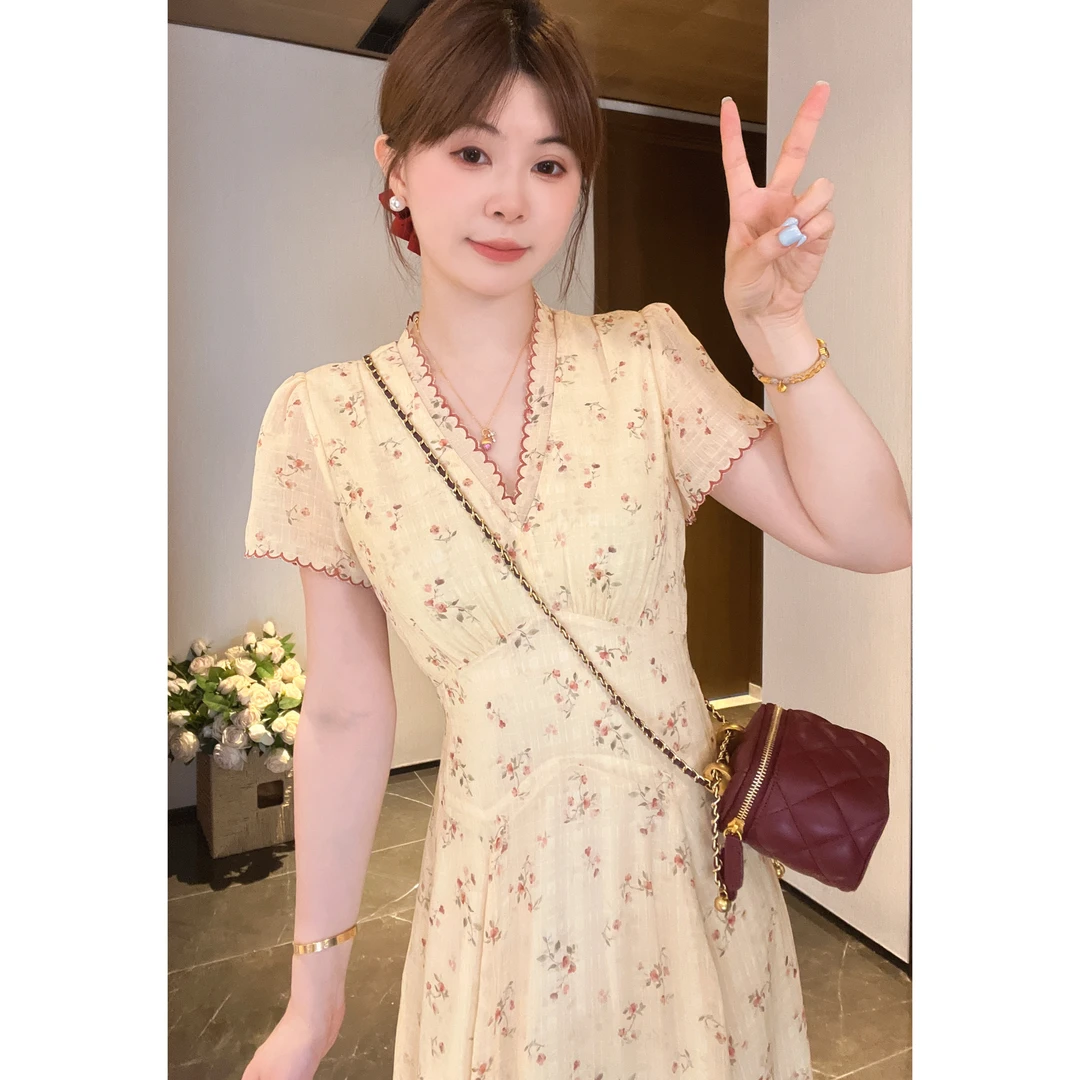 法式显瘦气质收腰复古黄色碎花裙子中长款连衣裙