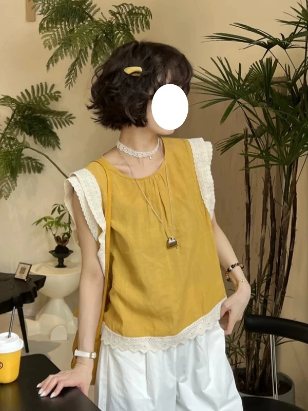 飞飞袖木耳边拼接褶皱小衫女不规则花边下摆无袖娃娃衫上衣3936