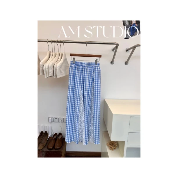 【A M阿梦】蕾丝花边拼接蓝色格子半身裙女早春新款气质高腰A字裙