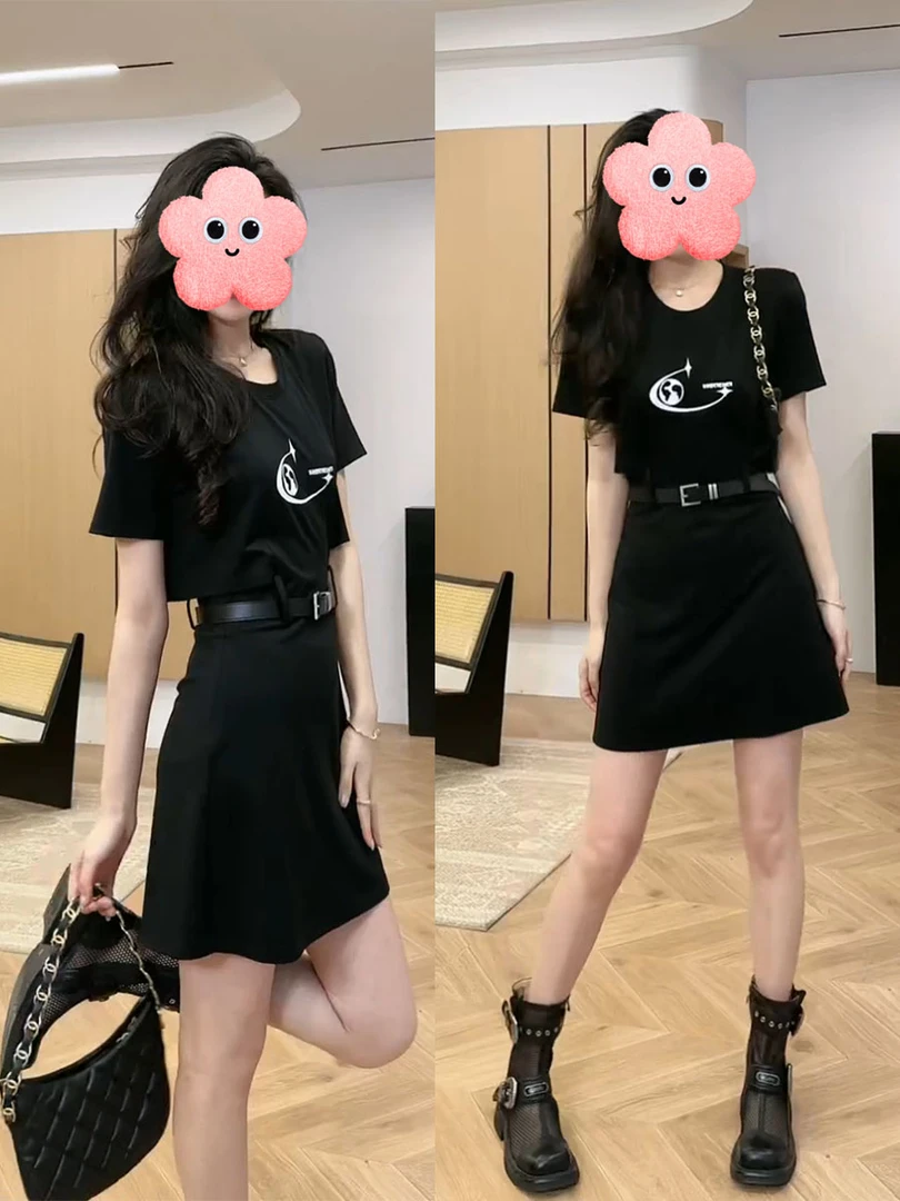 正肩修身黑色印花短袖拼接连衣裙遮肉显瘦气质时尚减龄短裙子夏季