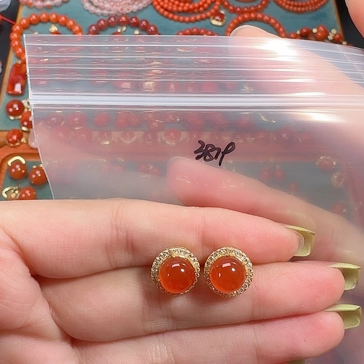 南红玛瑙银S925镶嵌耳饰