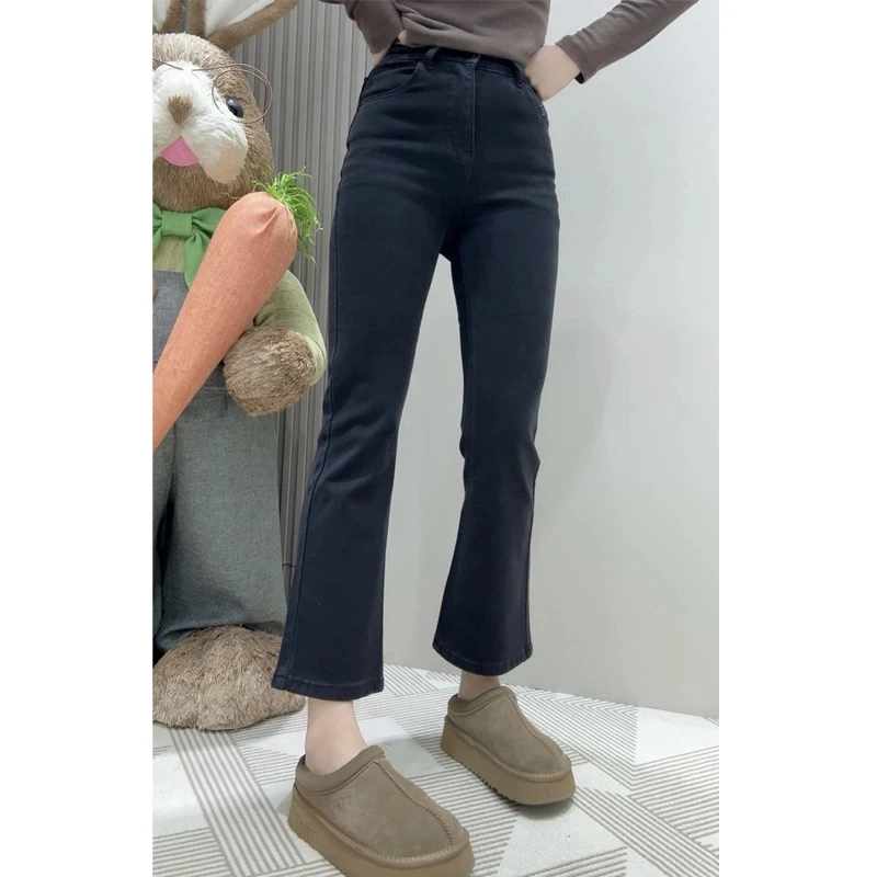 萱贝纯小个子高腰显瘦微喇牛仔裤女2025春季新款九分弹力喇叭裤子