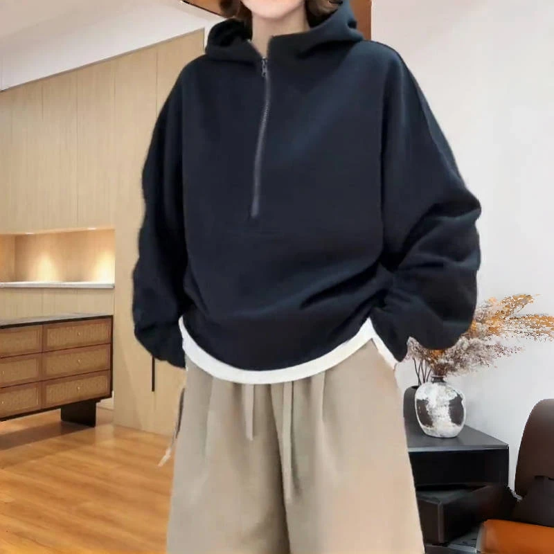 时尚宽松显瘦百搭连帽卫衣女2025秋季新款韩版半拉链休闲长袖上衣
