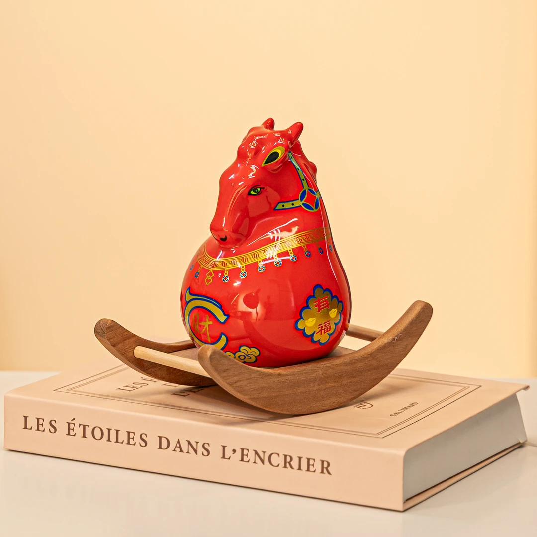 创意陶瓷摇财骏马存钱攉家用高端客厅玄关摆件乔迁开业送礼礼盒装