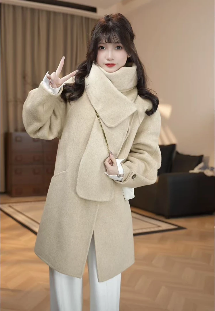 【冬日之约】羊驼毛宽松原创设计围巾小个子羊毛双面手缝大衣7277