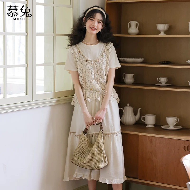 【粉丝专属】25599短袖t恤镂空背心吊带半身裙三件套法式复古套装