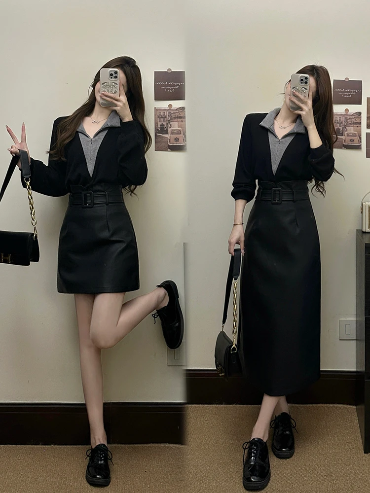 大码女装黑灰腔调撞色高级感叠穿百搭针织衫长短皮裙显瘦套装女