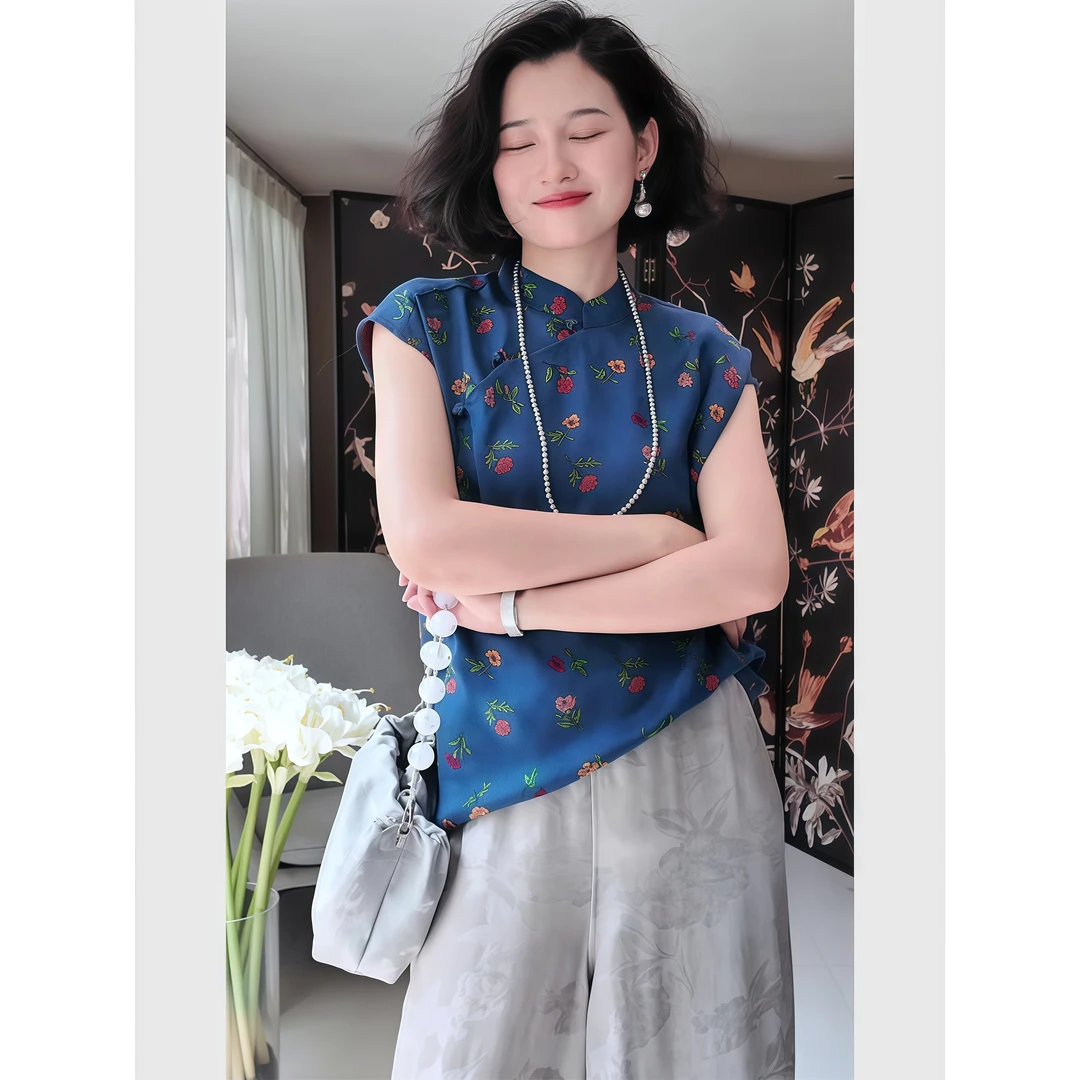 2025夏季新款时尚气质高级感新中式复古国风蓝色提花洋气百搭衬衫