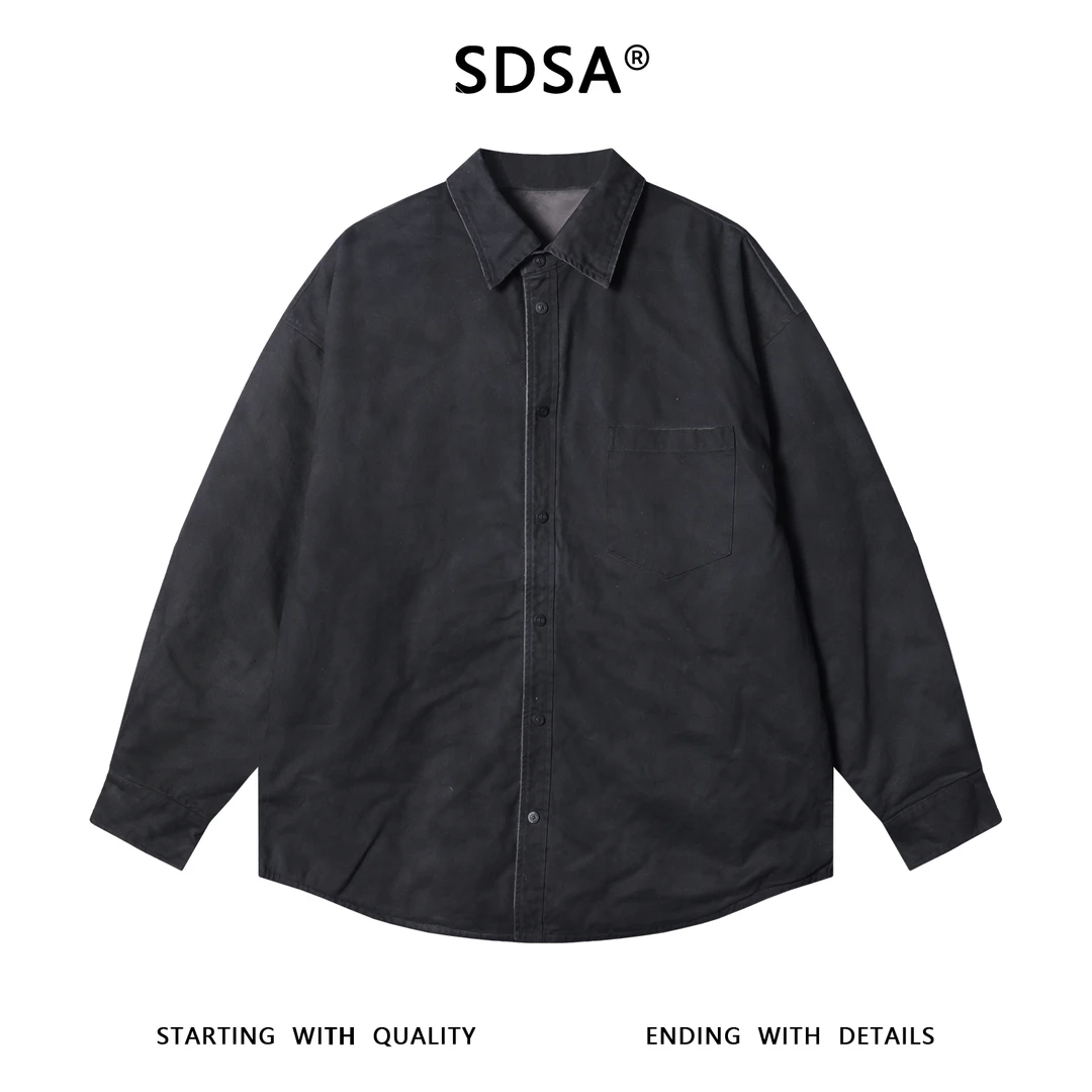 SDSA男士秋冬新款痞帅男装韩版纯色纽扣翻领长袖衬衫百搭净版衬衣
