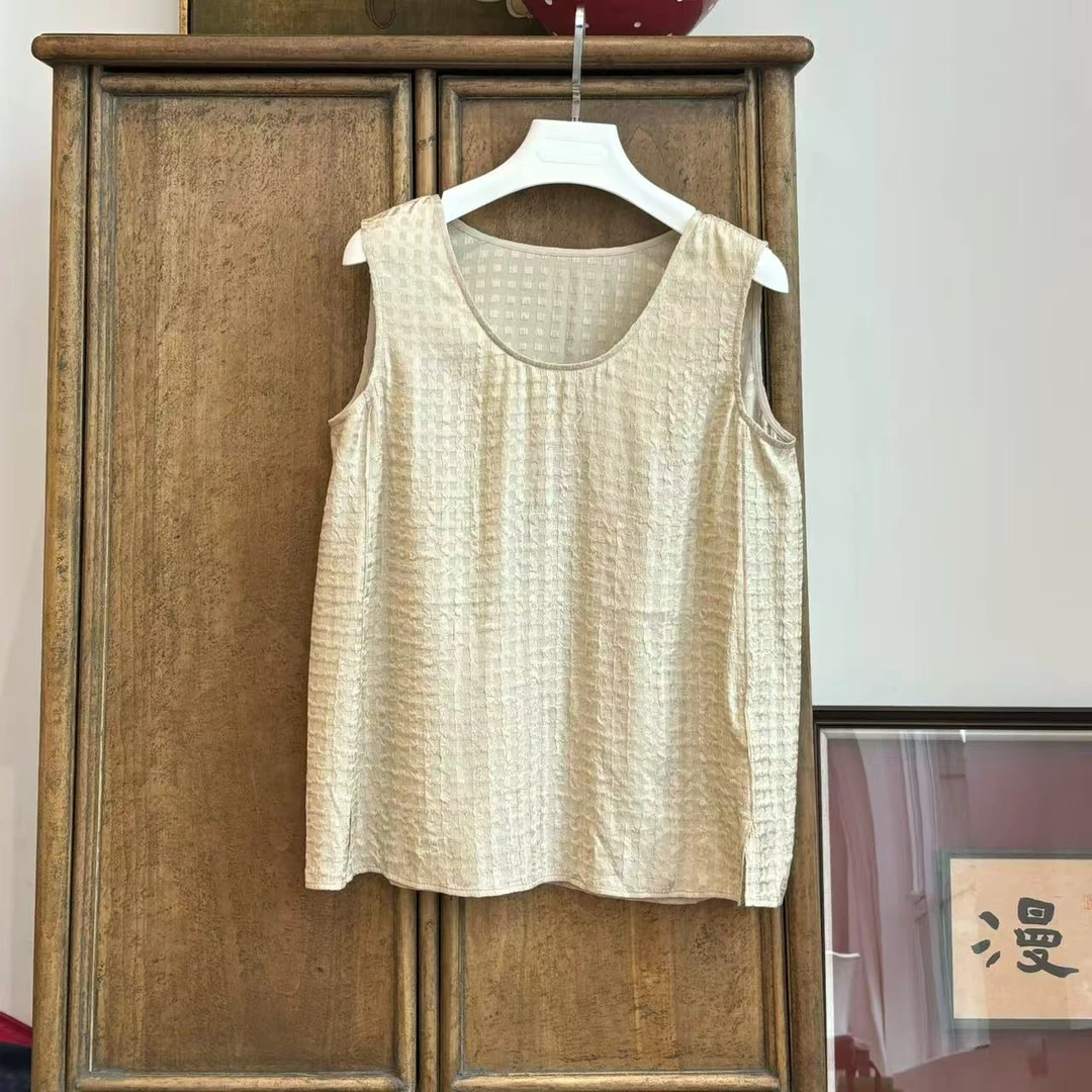 MYL2025春夏新品桑蚕丝混纺香槟色格子背心圆领无袖套头上衣