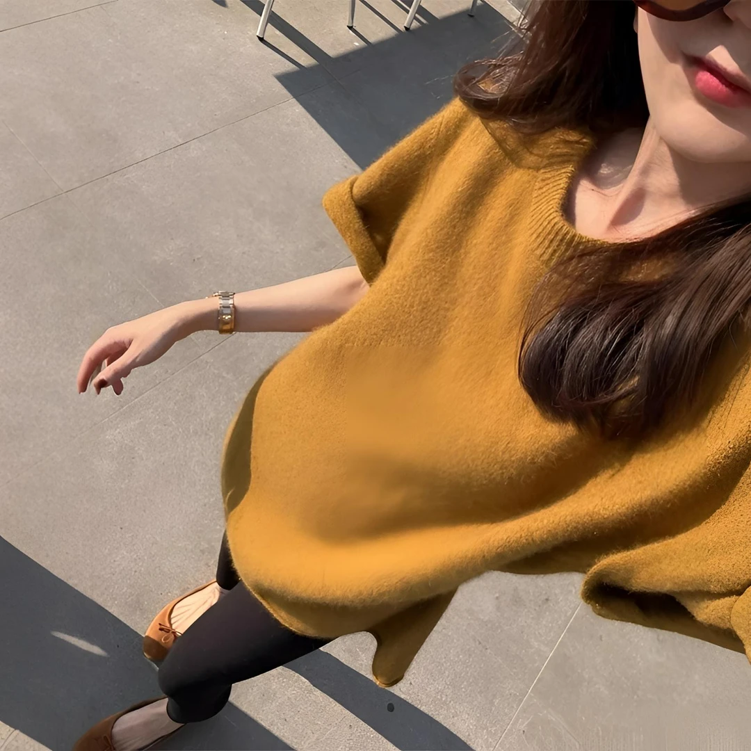 慵懒风黄色圆领短袖针织衫女春秋宽松软糯内搭打底毛衣遮屁股上衣