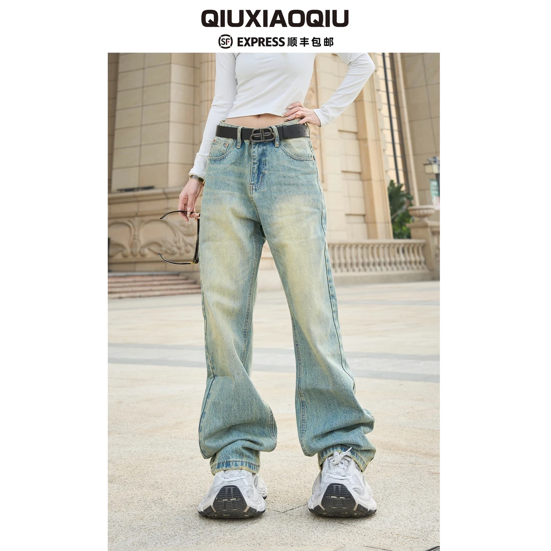 【Qiuxiaoqiu】巴黎泥染水洗做旧复古美式休闲宽松微喇牛仔裤男女潮
