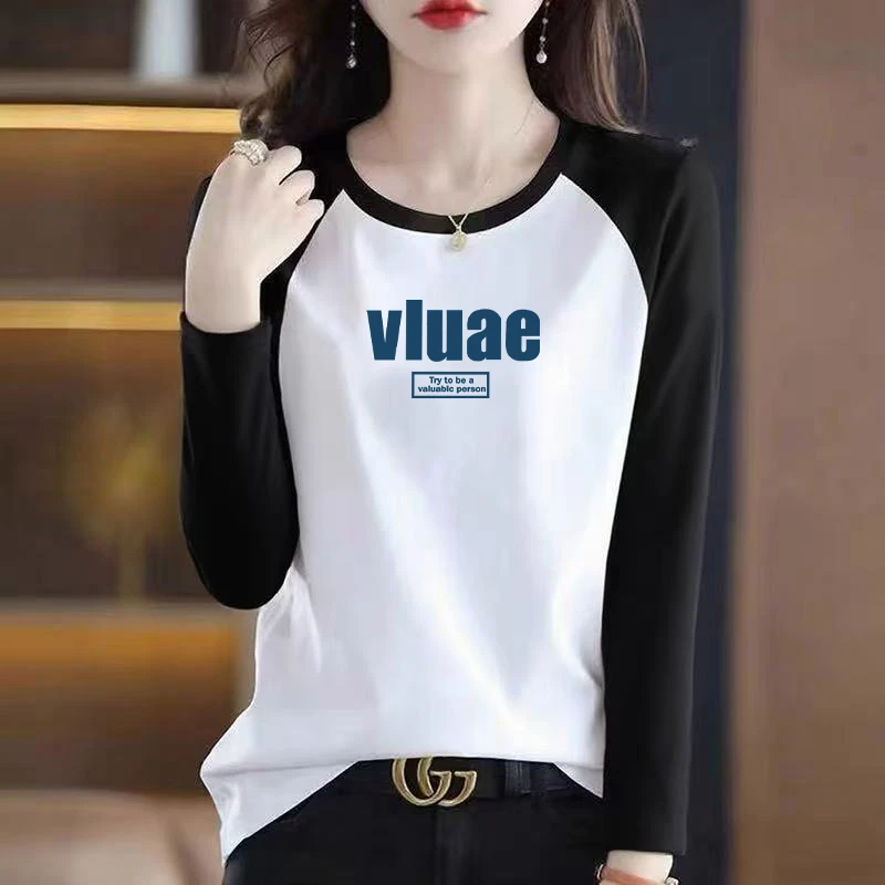 圆领时尚插肩长袖t恤春秋新款洋气减龄宽松显瘦女装大码潮流上衣
