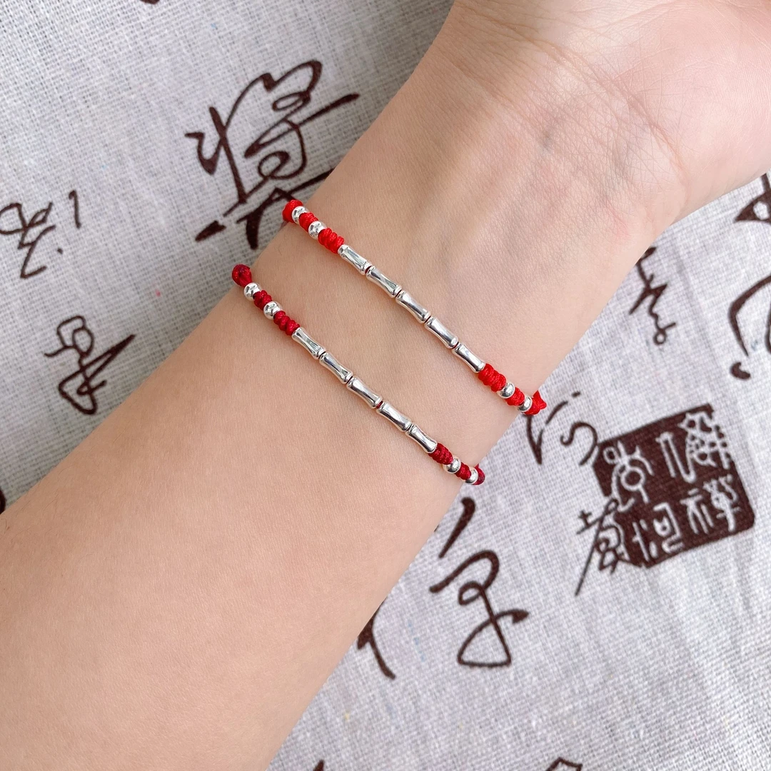 925银布艺手链 上岸纯银S925手链女竹节编织脚链考研手绳高考礼物