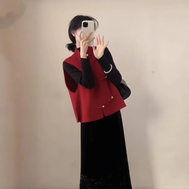 红色系穿搭一整套女2025秋冬新款新中式国风高级感马甲半身裙套装