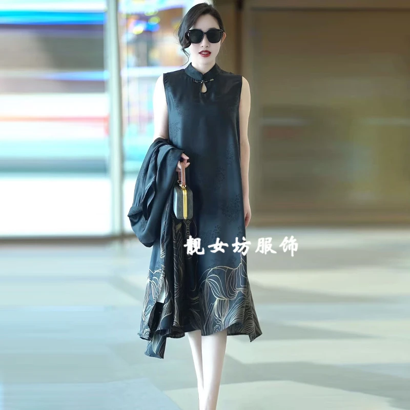 高档连衣裙+外披时尚女装两件套春夏新款无袖背心裙搭开衫外套女