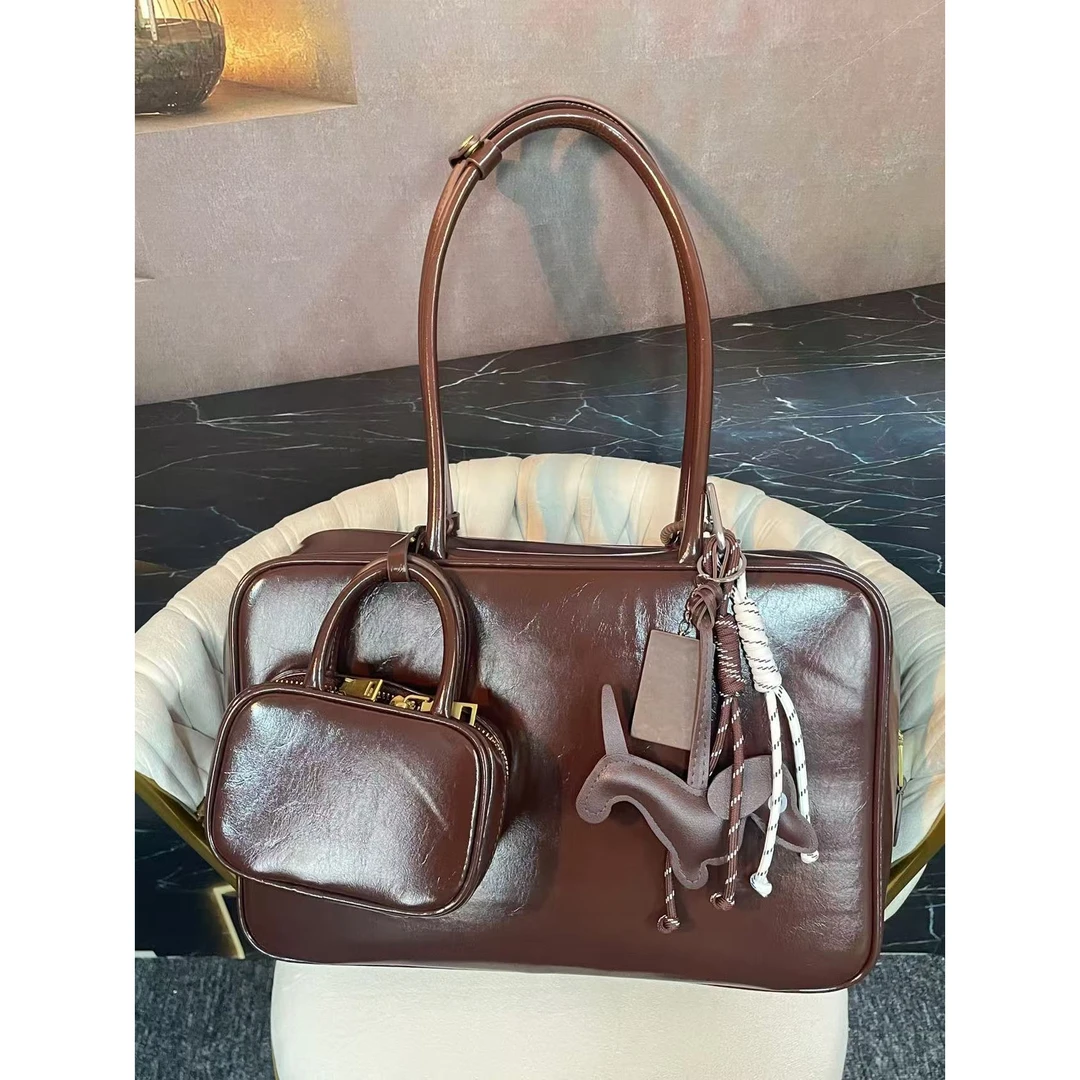 TOLEX2025新款手工时尚百搭公文女包漆皮棕色34.5cm