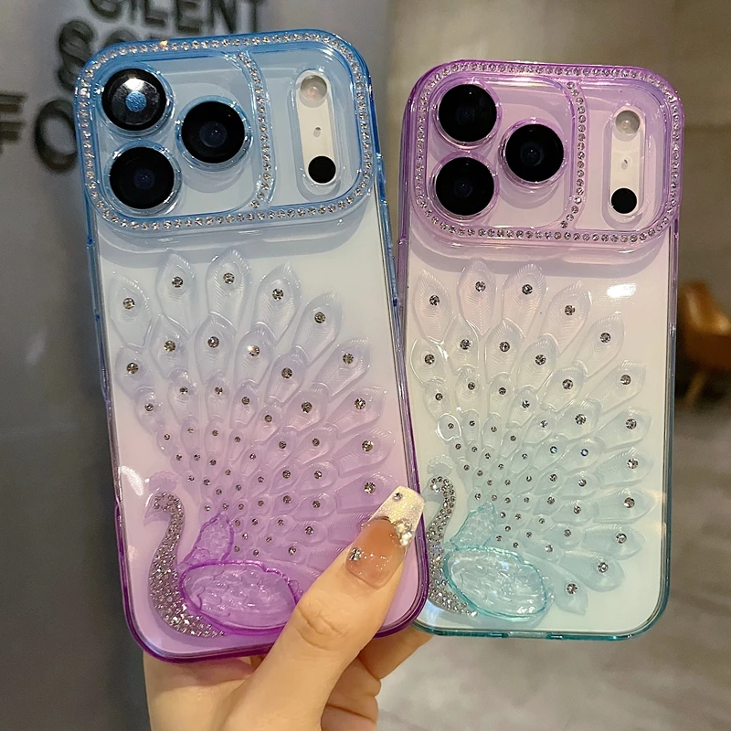 适用苹果系列iPhone17新款手机壳15pro时尚炫彩孔雀全包精孔钻框