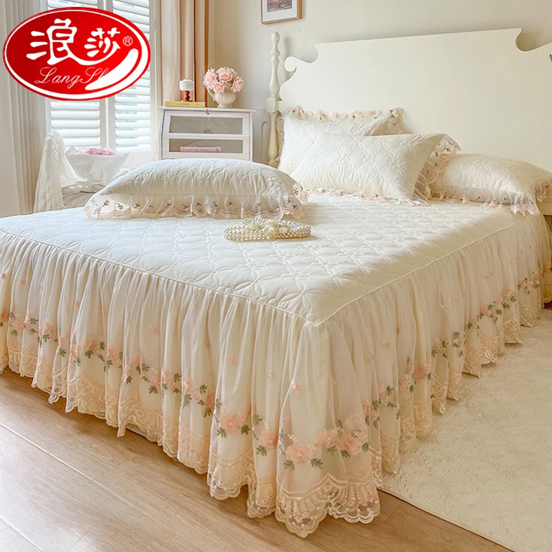 浪莎公主风全棉单件夹棉床裙蕾丝少女心花边纯棉防滑床罩四季通用