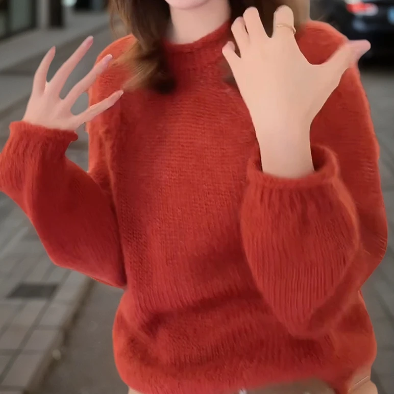 洋气氛围感套头长袖针织衫慵懒气质红色毛衣LK2509031