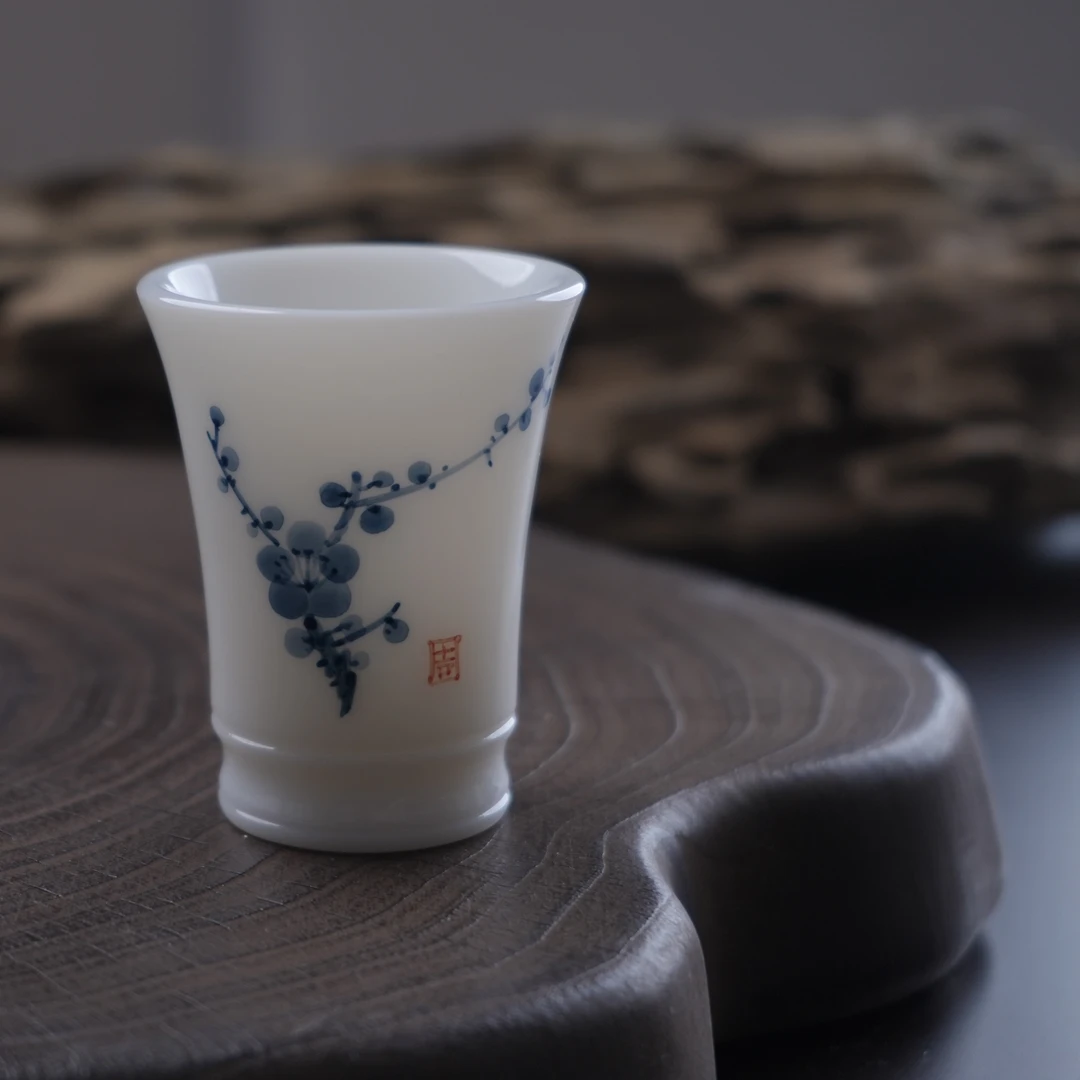德化冰种羊脂玉瓷中国白名师手作古风手绘水墨画茶具主人杯白瓷