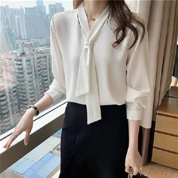 冬季早春秋打底衫衬衫小衫装雪纺白色洋气女士漂亮法式3-225