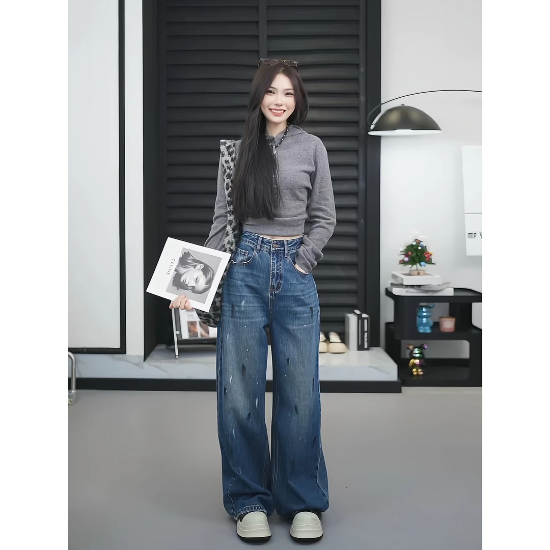 【TO&HR.GIRL】HE1811Q-涂鸦泼墨蓝原创设计款牛仔高腰休闲牛仔裤女