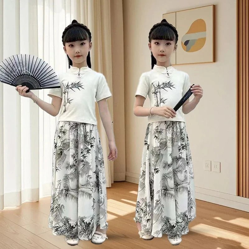女童夏装套装2025夏季新款洋气中大童中式国风儿童短袖两件套装潮