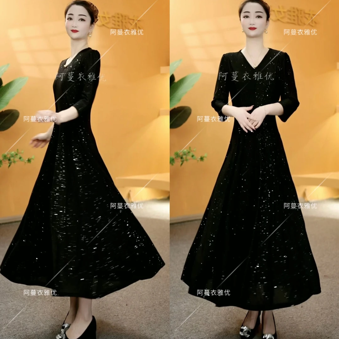 【衣雅严选】8124-2125#新款锦棉罗马中长袖满天星烫金显瘦连衣裙