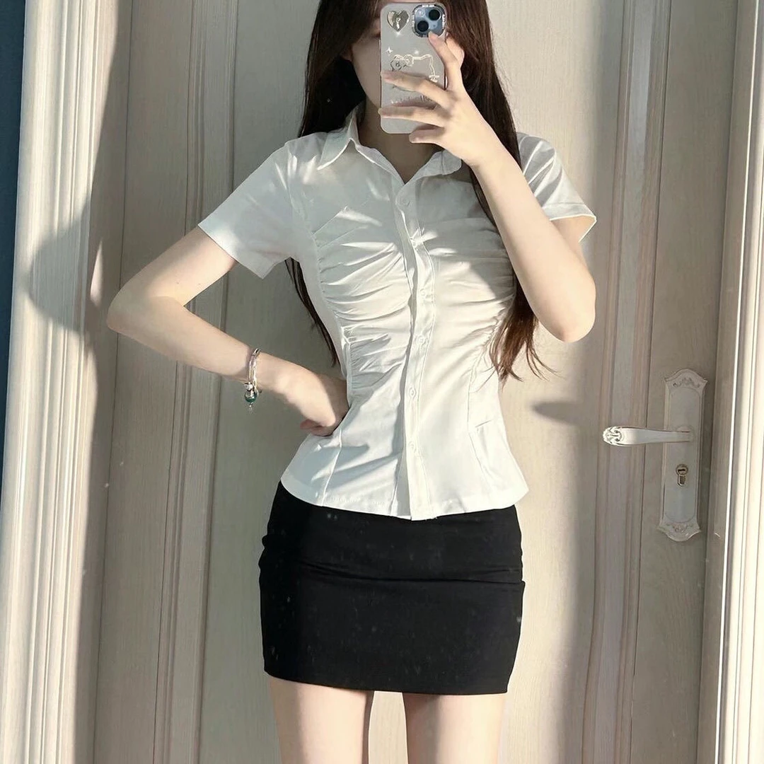 白色收腰显瘦高腰短袖衬衫女气质上衣设计感小众不规则POLO衫ol