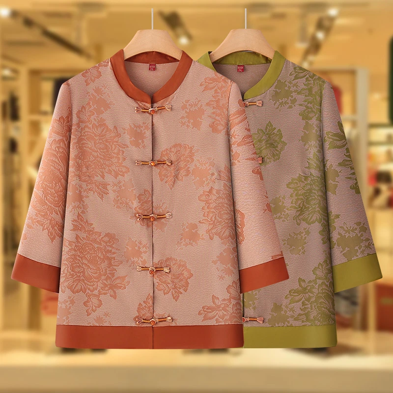 母亲节妈妈国风夏季盘扣衬衫复古老年女夏装中式七分袖小衫奶奶装