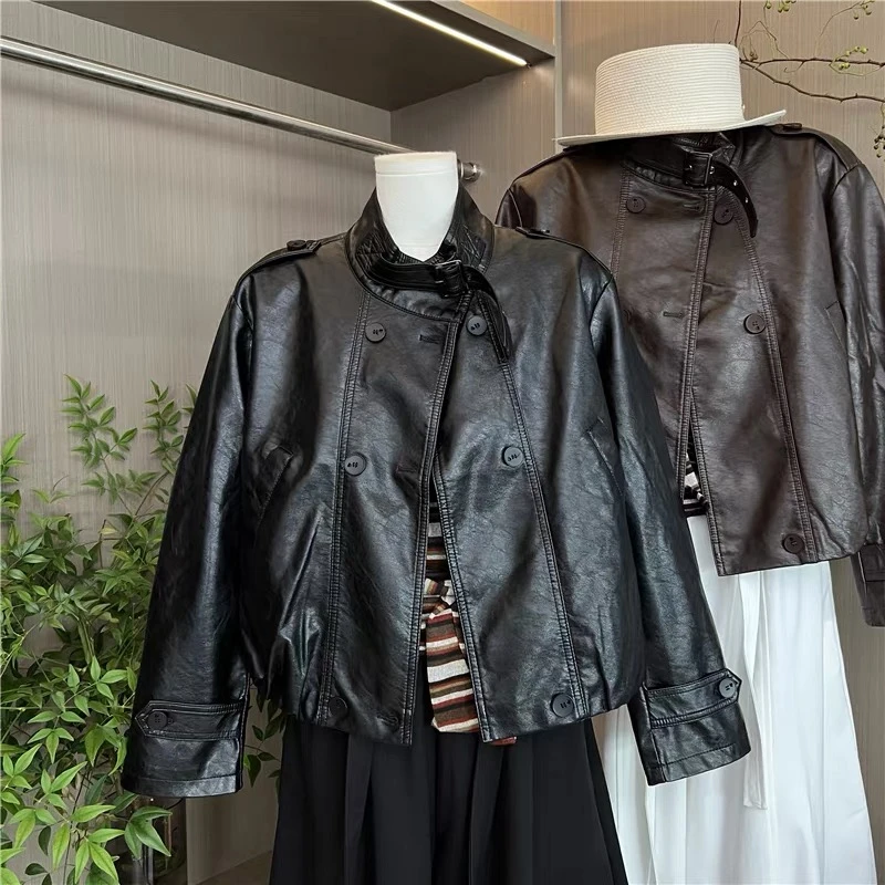 青青家  早秋新款时尚显瘦休闲甜酷风立领皮衣