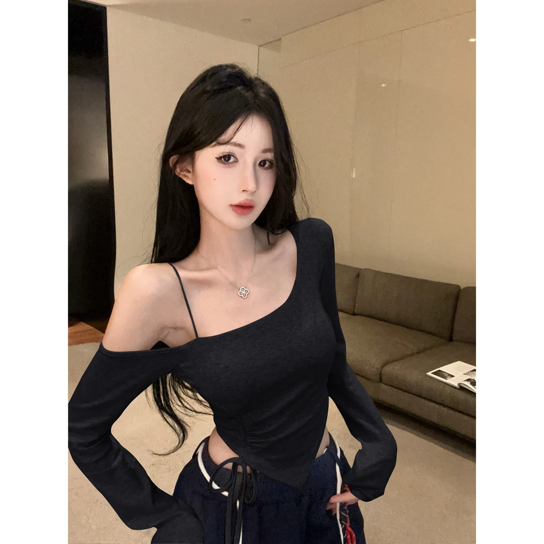 不规则吊带露肩T恤女秋季设计抽绳收腰长袖上衣纯欲慵懒风女装