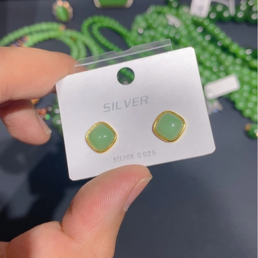 【闪购商品】和田玉（碧玉）耳饰银S925镀金镶嵌