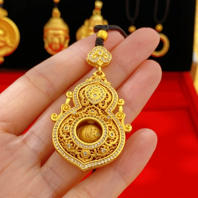 合金项链 古法金色葫芦吊坠镶钻高保色新中式福禄花丝镂空挂件