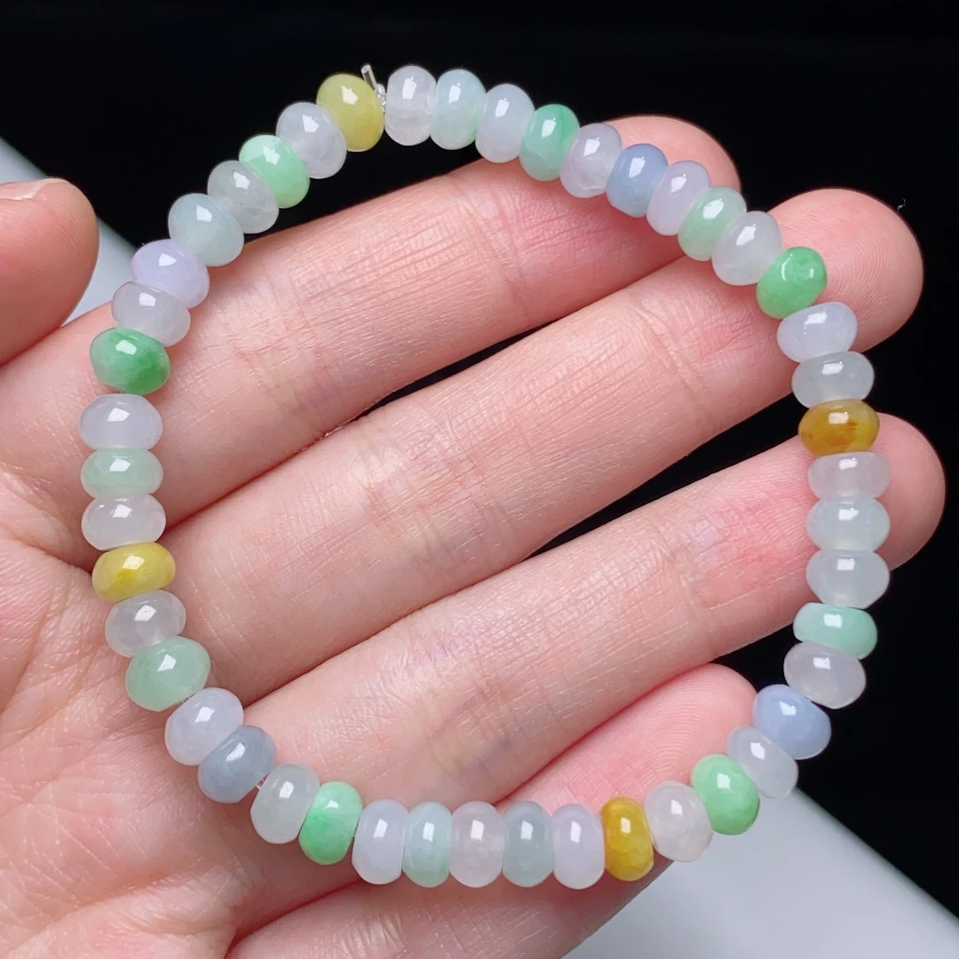 缅甸天然翡翠A货冰种多宝马卡龙算盘珠手链卡6mm（多样性发其一）