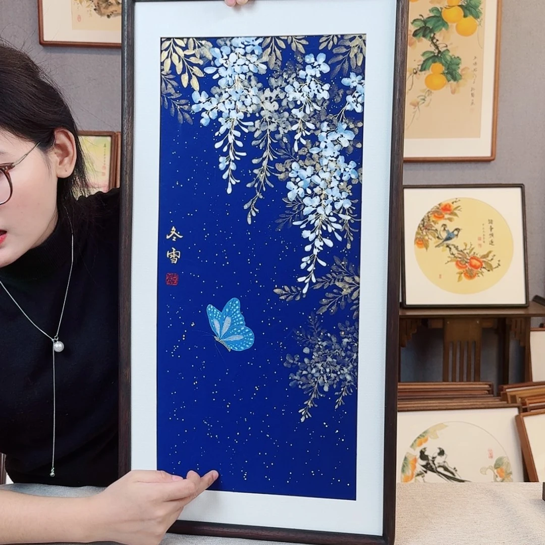 国画纯手绘，纯手写带框尺寸：36×69厘米