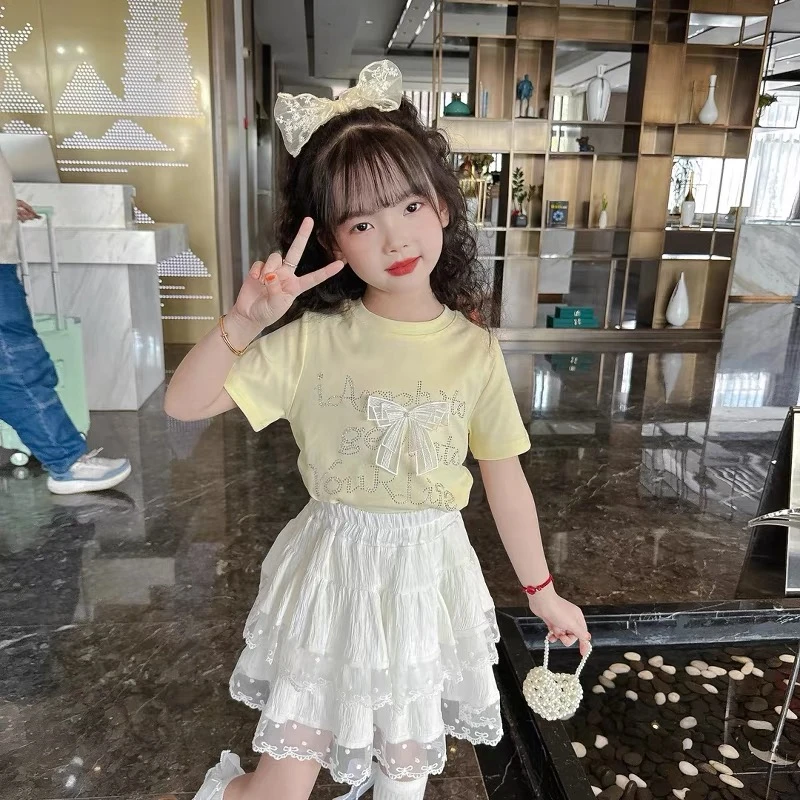 2025女童夏季套装短袖蝴蝶结洋气儿童烫钻T恤新款蕾丝两件套短裙