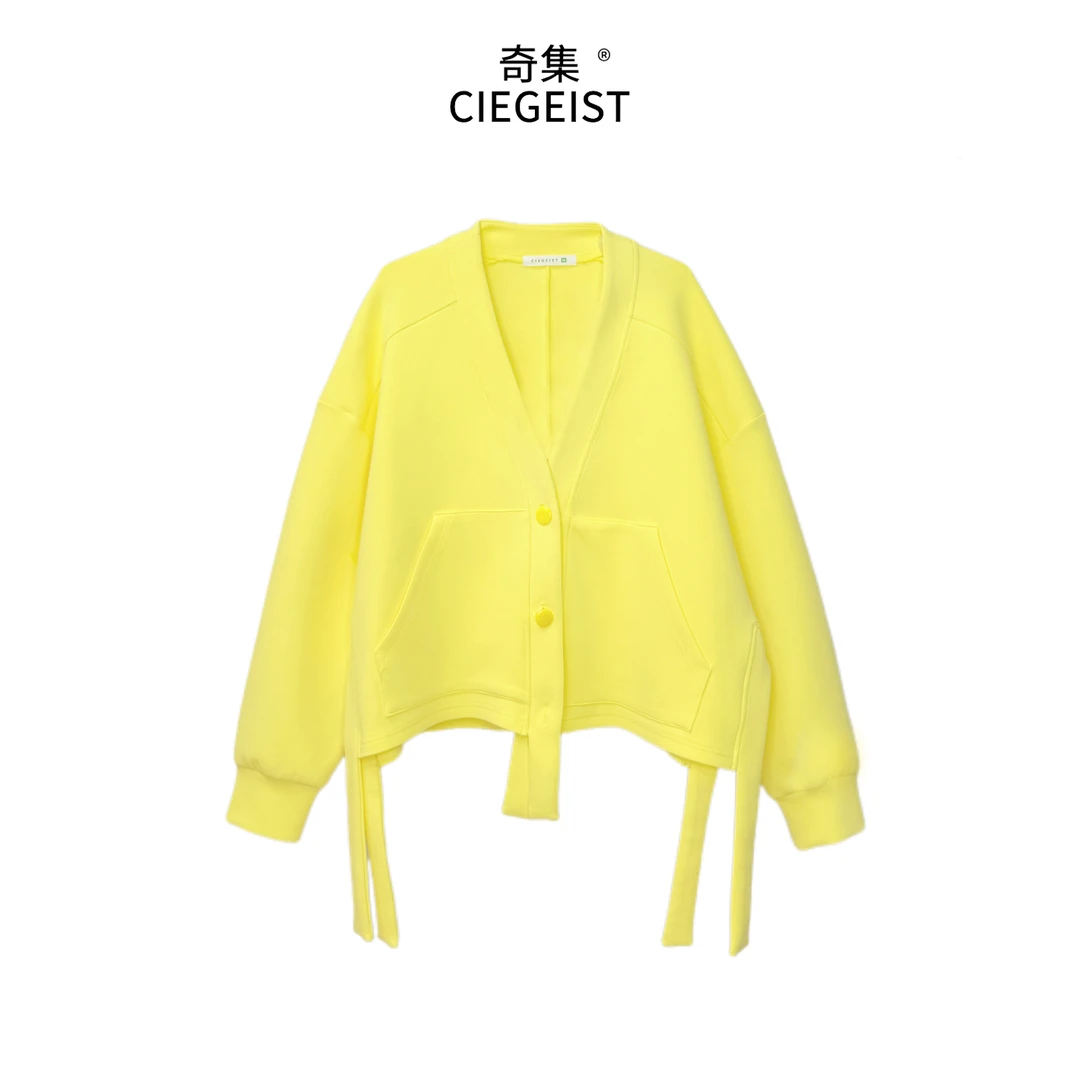 圆圆秋冬设计师款时尚休闲宽松显瘦百搭飘带长袖开衫短外套7020