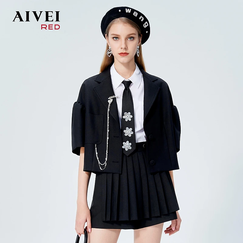 AIVEI夏纯色显瘦落肩短袖西装外套P0160074