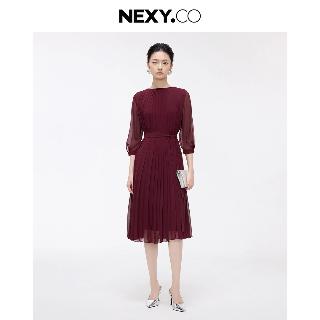 【晨粉专享价】25秋季优雅气质时尚百褶透视轻盈连衣裙女高级感
