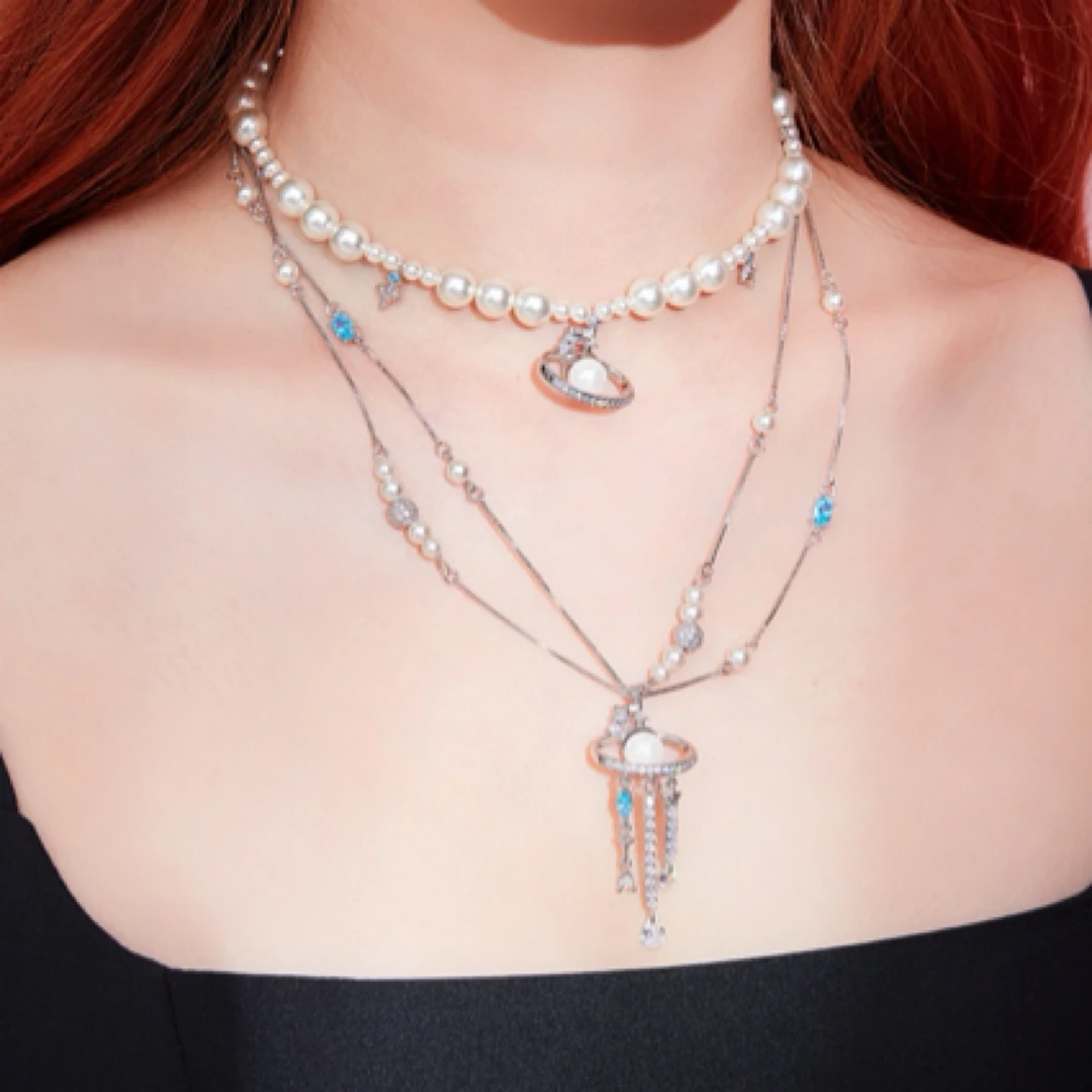 铜合金合成锆石吊坠 《璇》土星锁骨项链小众高级感choker叠戴女