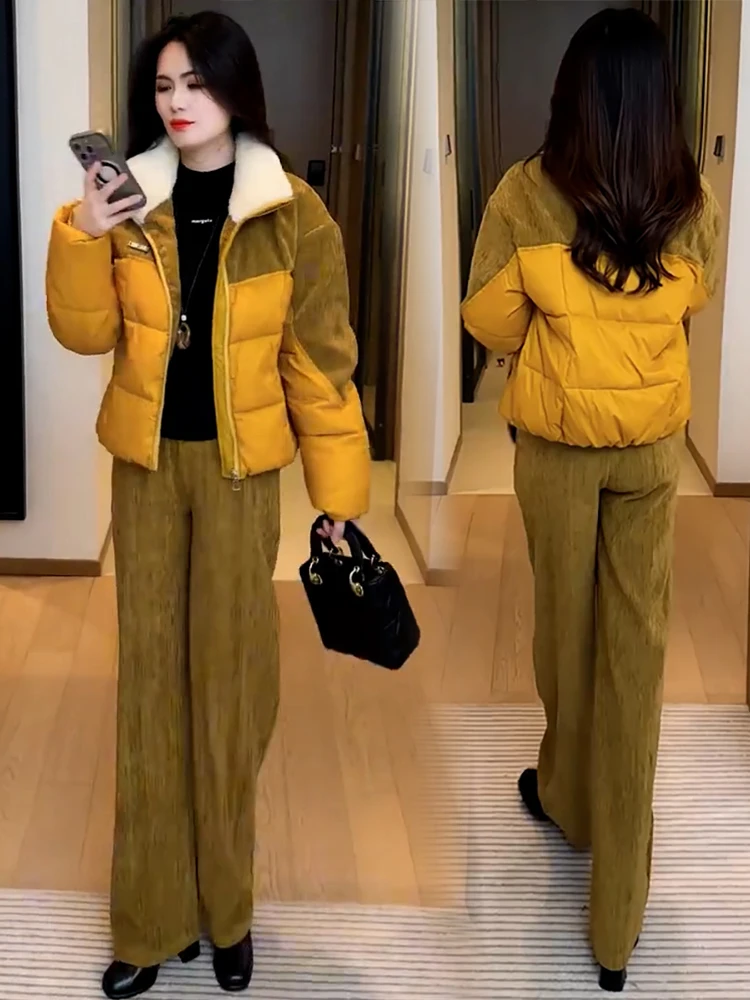 时尚套装女冬新款上班族显瘦秋冬保暖羽绒棉服外套阔腿裤两件套潮