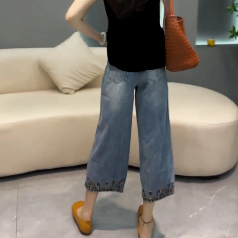 复古刺绣阔腿牛仔裤女夏季薄款大码高腰显瘦宽松百搭九分直筒裤子