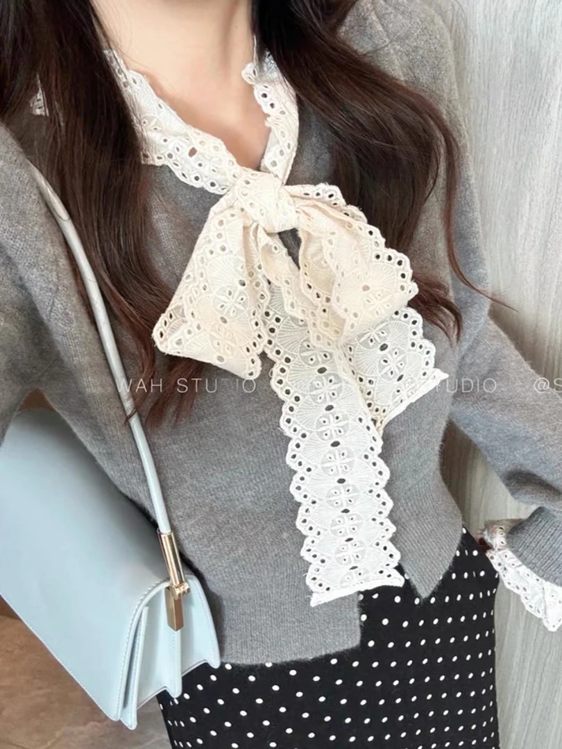 《妞妞乐专属》蕾丝蝴蝶结系带毛衣女秋冬法式高级感小香风针织开衫