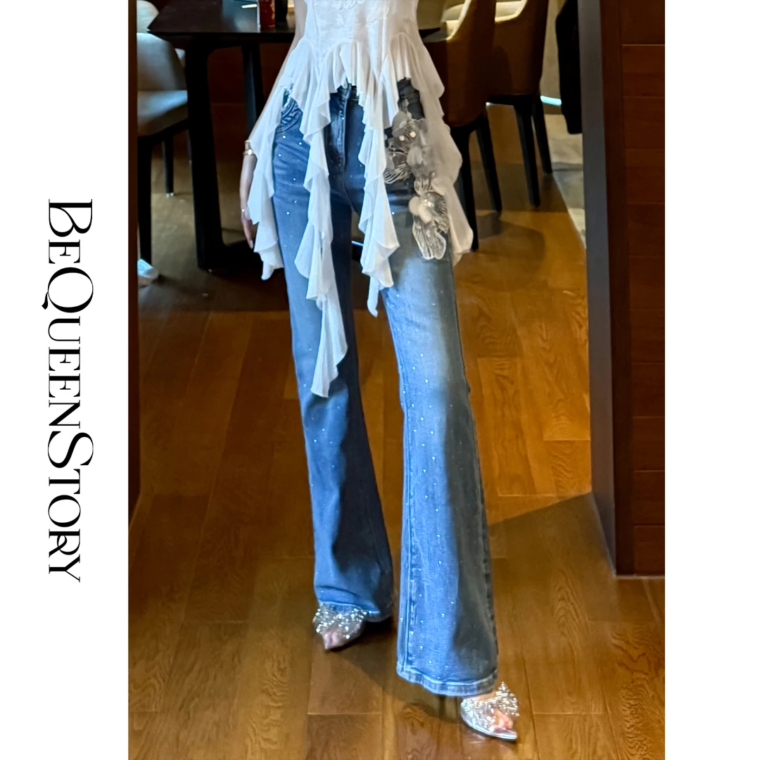 BeQueenStory【修腿神裤】轻奢立体花朵装饰百搭微喇牛仔裤2025