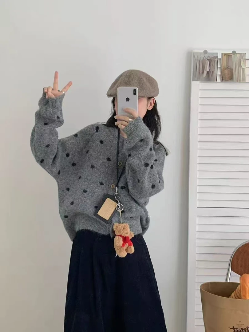 复古撞色波点韩系圆领针织开衫小个子女2025秋冬季百搭毛衣外套