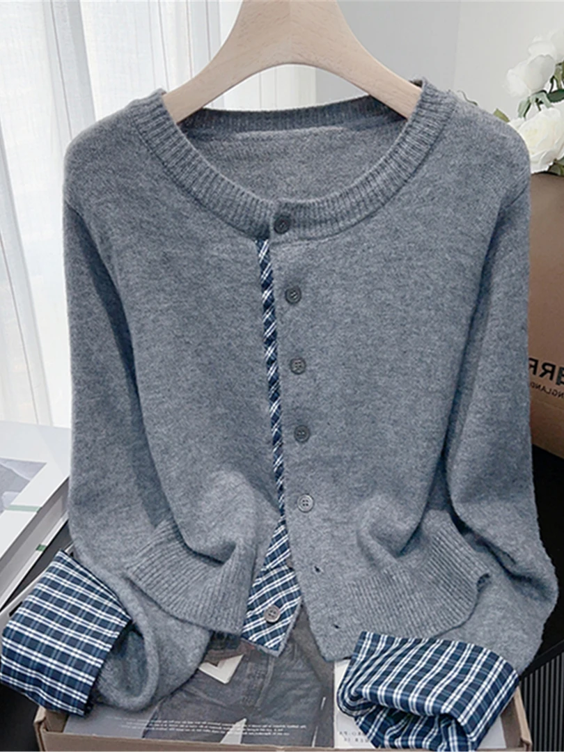 时尚设计感长袖圆领针织开衫2025秋冬假两件单排扣毛衣外套女装